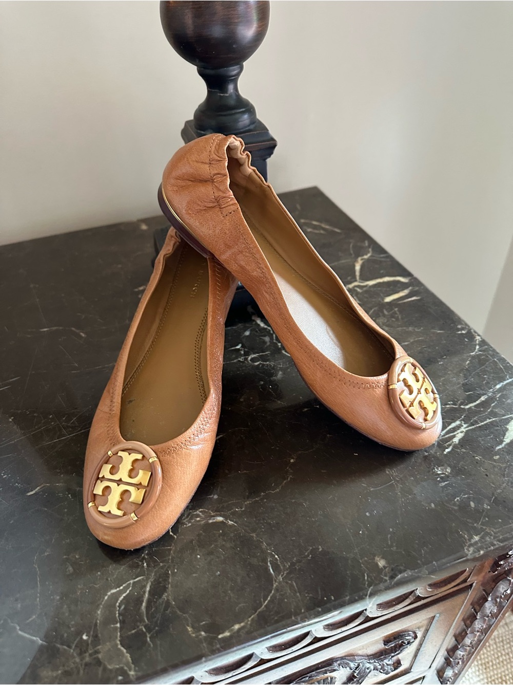 Tory Burch Tan Leather Logo Ballet Flats
